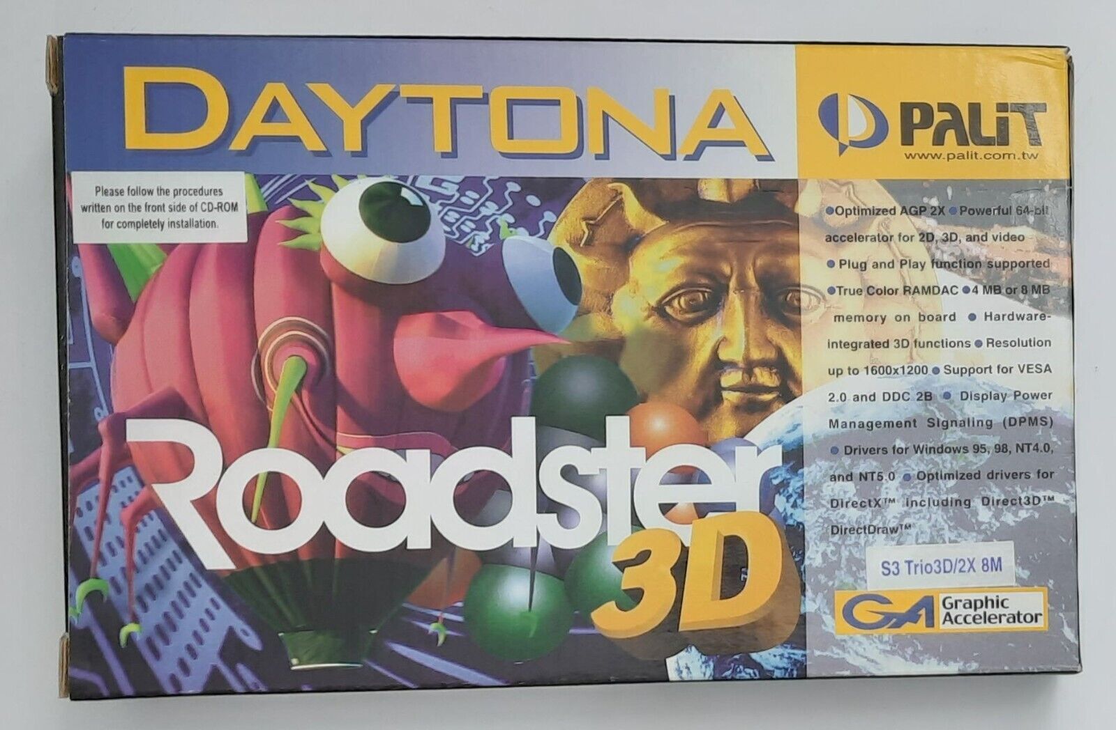 Palit Daytona Roadster 3D AGP Graphics Card (S3 Trio3D/2X, 8MB, 1999, Retro, Original Box)