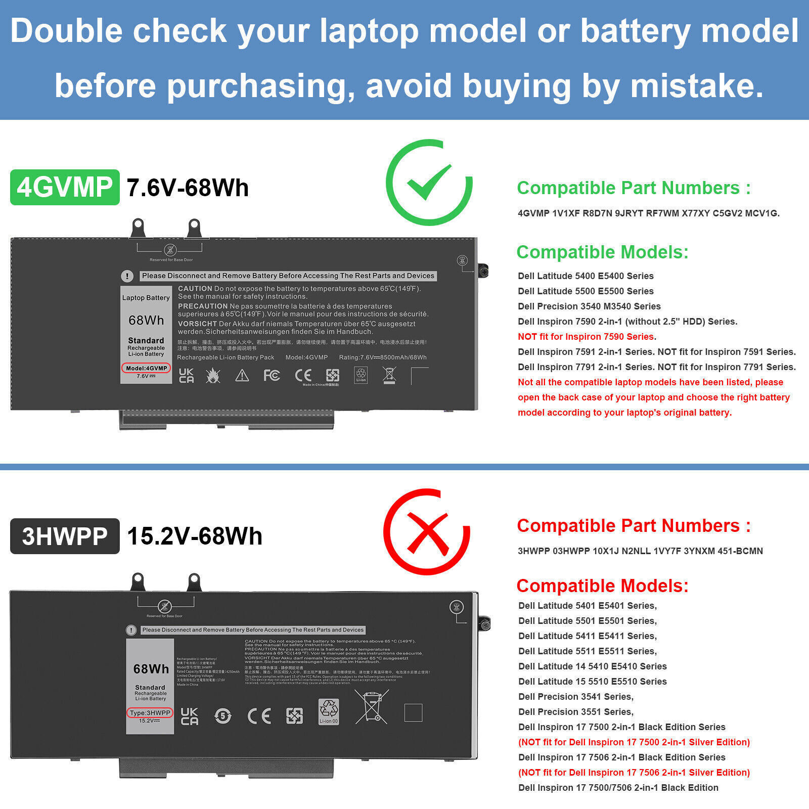 💖LOT 100x 4GVMP Battery For Dell Latitude 5400 5500 3540 7590 2-in-1 Serie 68Wh