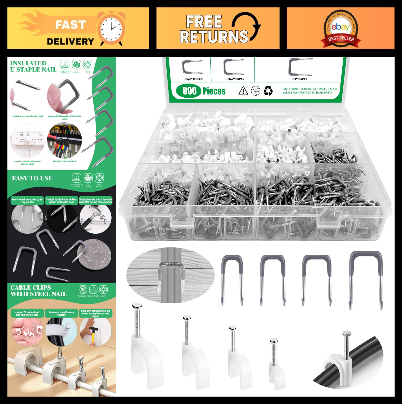 800Pcs J-Hook Ethernet Cable Clips with Steel Nails, 4mm-10mm Insulated U Staple