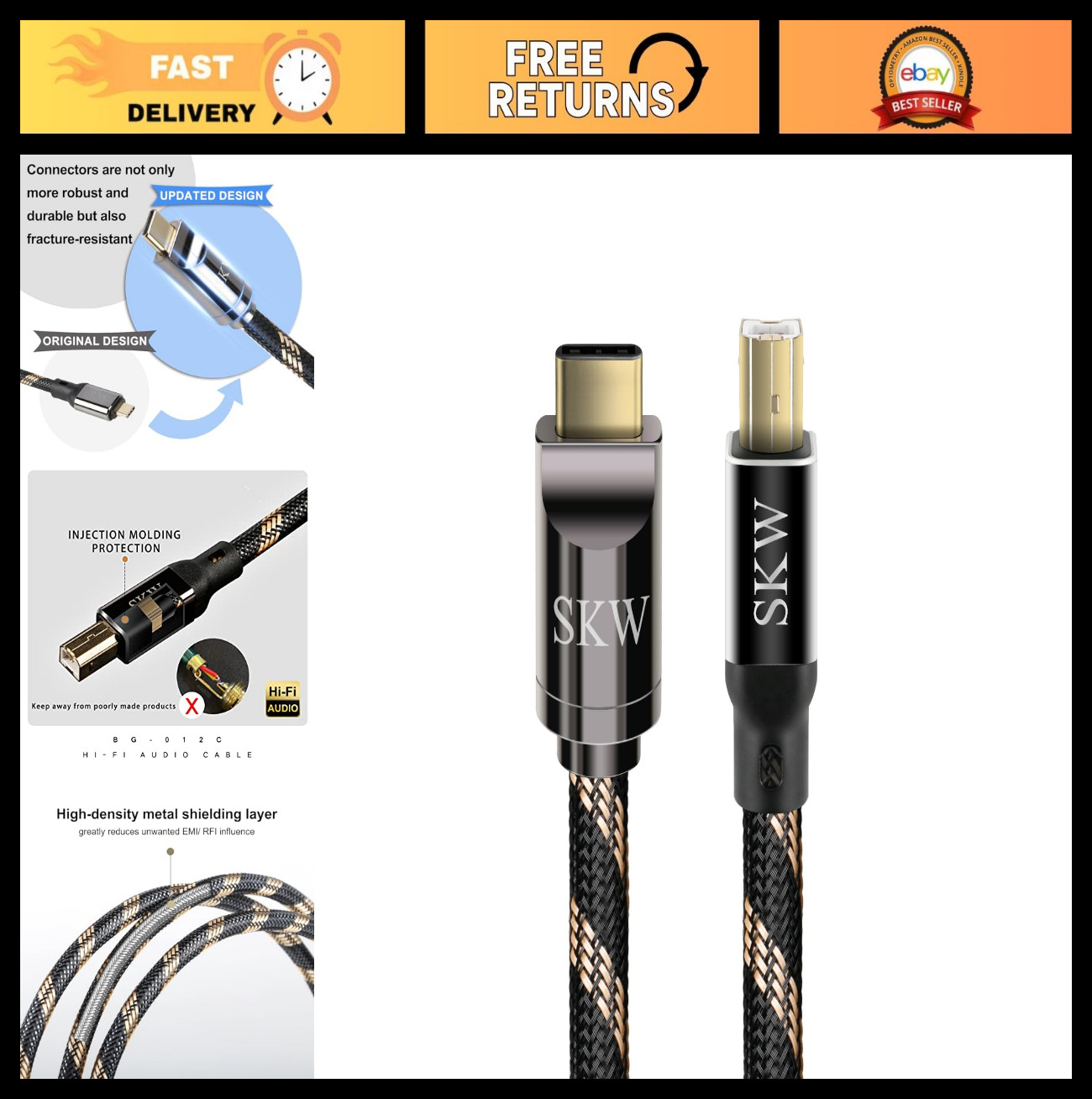 High-Quality USB C to USB B DAC Cable 3.2ft Double Shielded Audiophile Audio