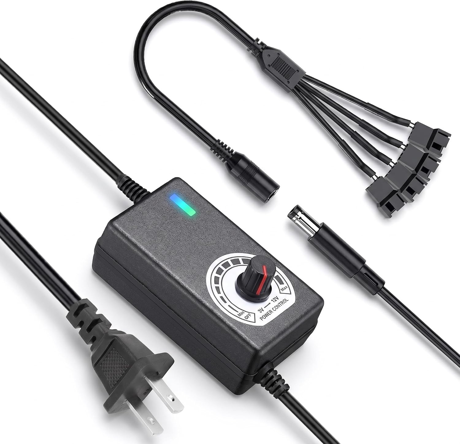 12V PC Fan Speed Controller, AC Plug with 4X 4-Pin Splitter Cable | 36W Power Ad