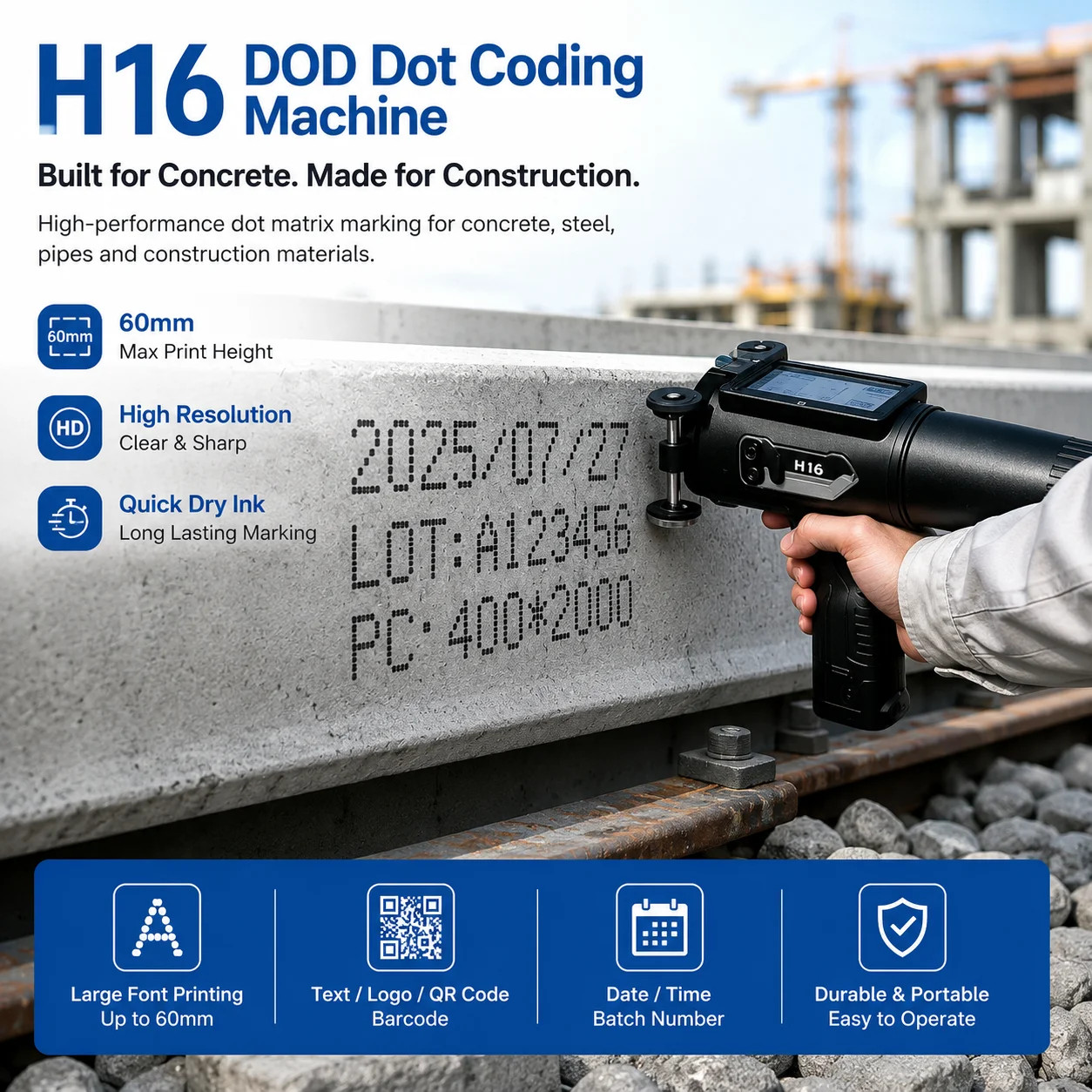 60mm Handheld DOD Inkjet Printer Date Batch Serial Barcode
