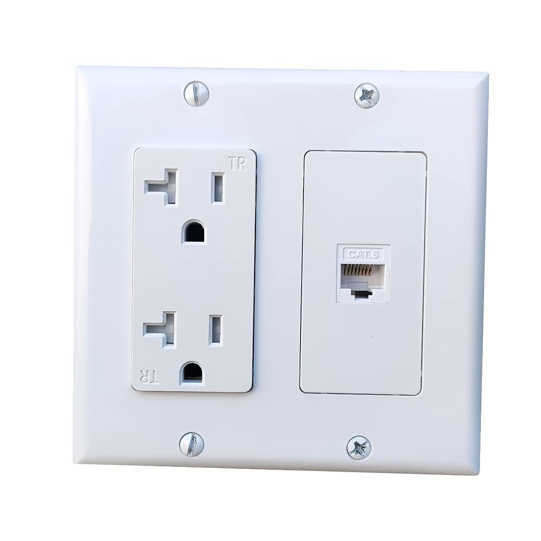 2 Gang Power Outlet with 1 CAT6 Ethernet Port - 20A Electrical Outlet Cover P...