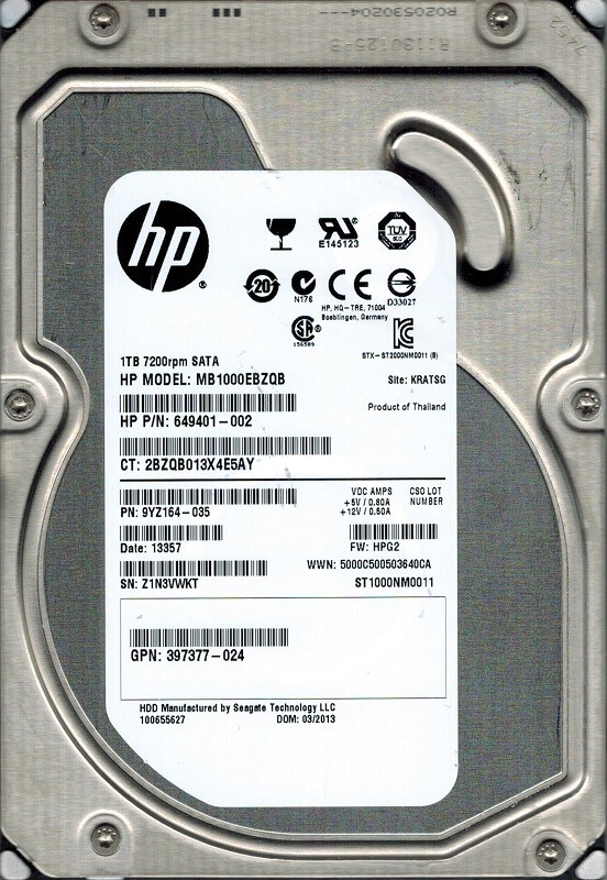 ST1000NM0011 P/N: 9YZ164-035 F/W: HPG2 1TB Seagate KRATSG HP