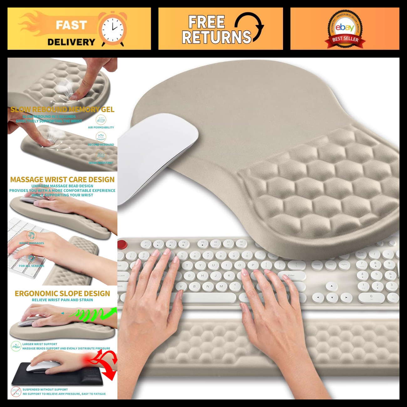 Ergonomic 2-in-1 Mouse Pad & Wrist Support Set for Computer - Memory Gel, Pain R