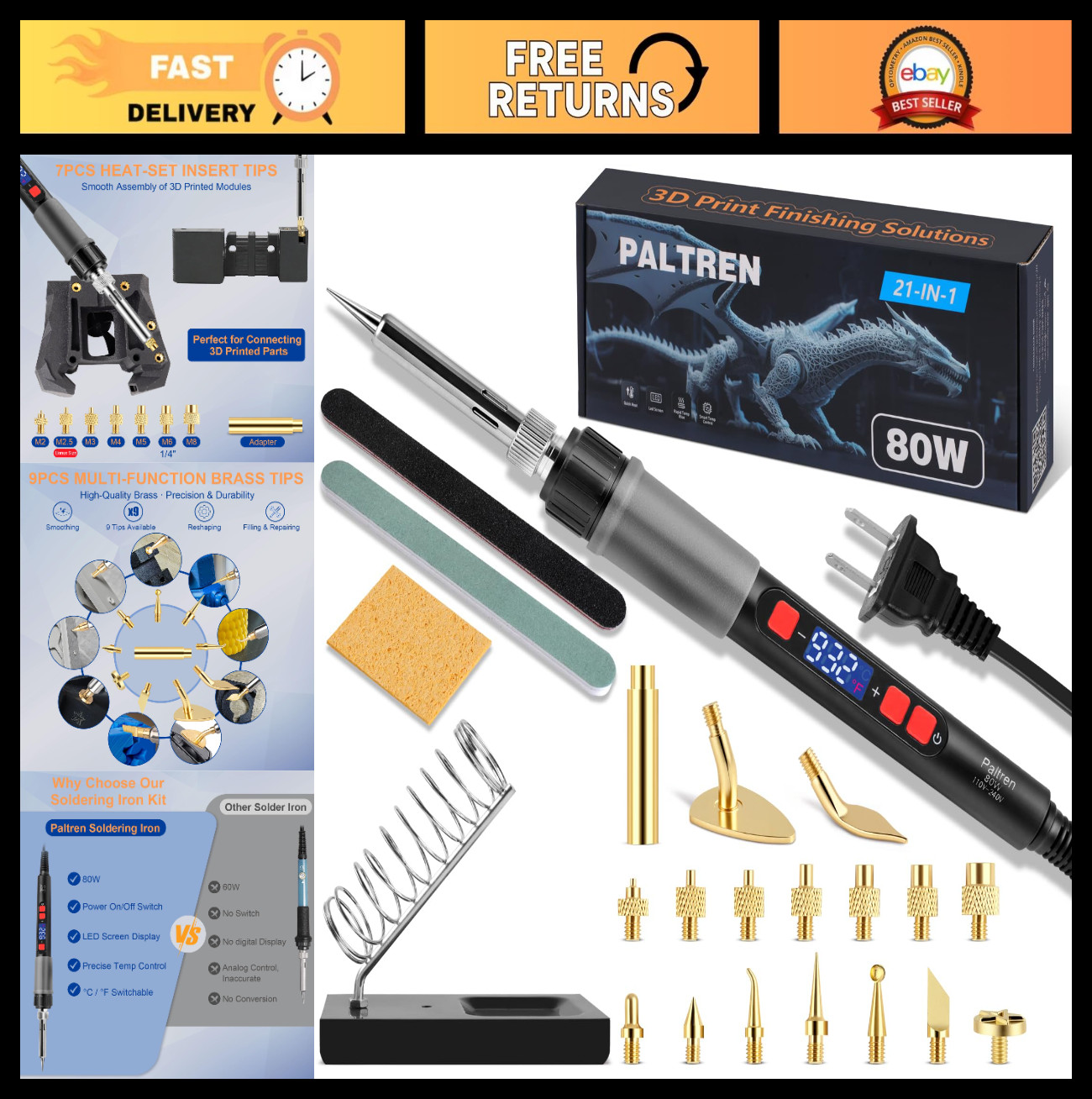 21-in-1 3D Printer Tool Kit, 80W Fast Heating Soldering Iron, Adjustable Temp, L