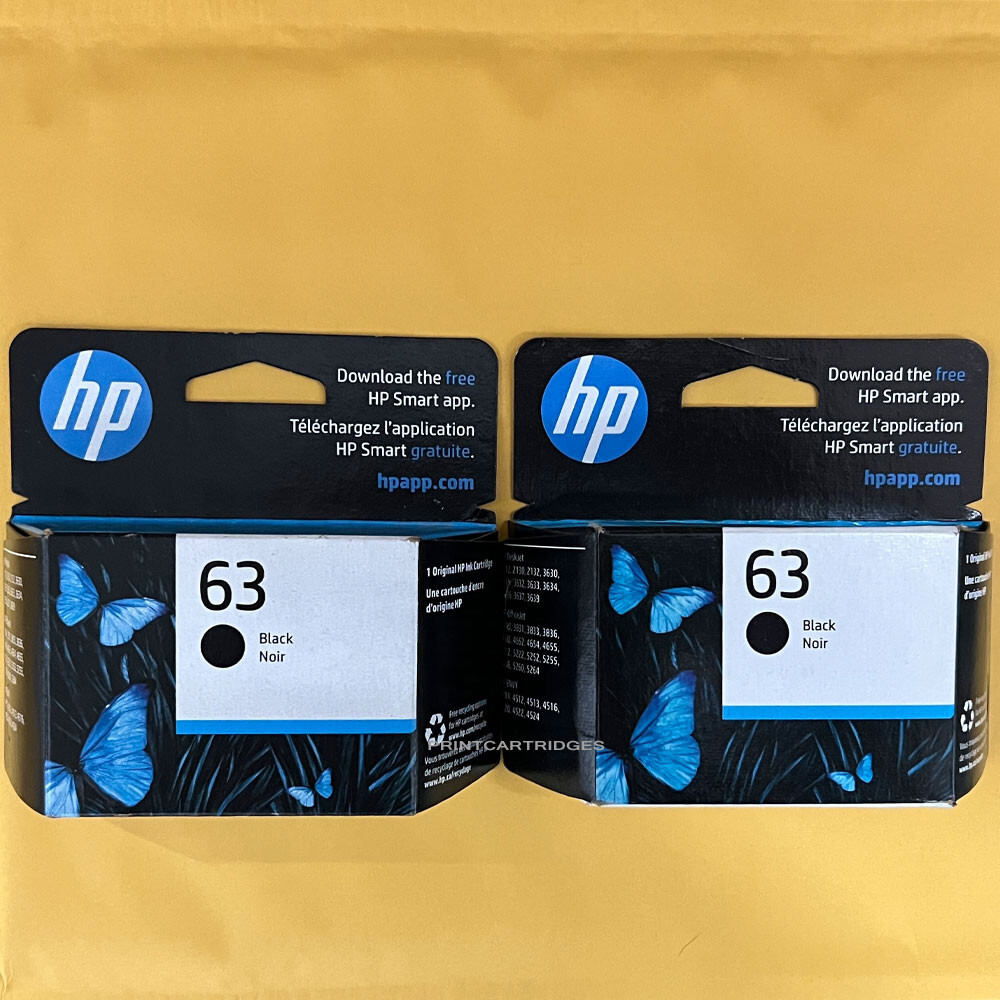 2 Black HP 63 Genuine Ink Cartridges