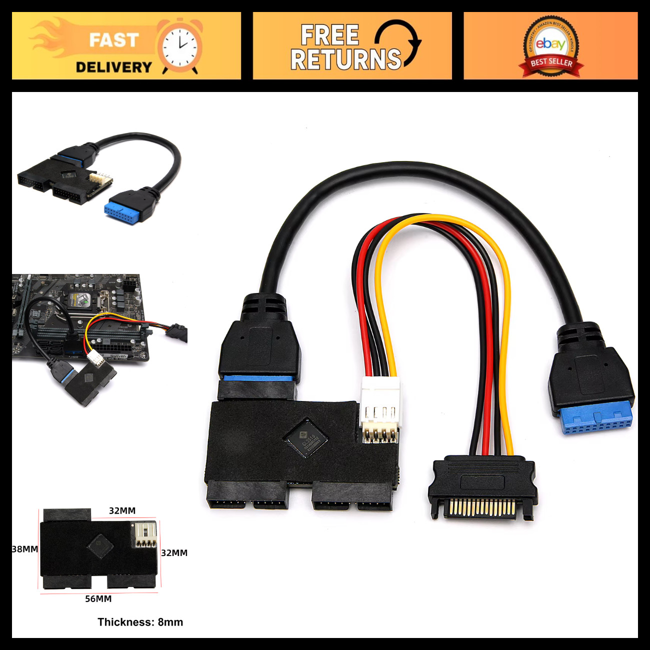 USB 3.0 19Pin Header Splitter Hub Adapter Cable with SATA Power for PC Front Pan