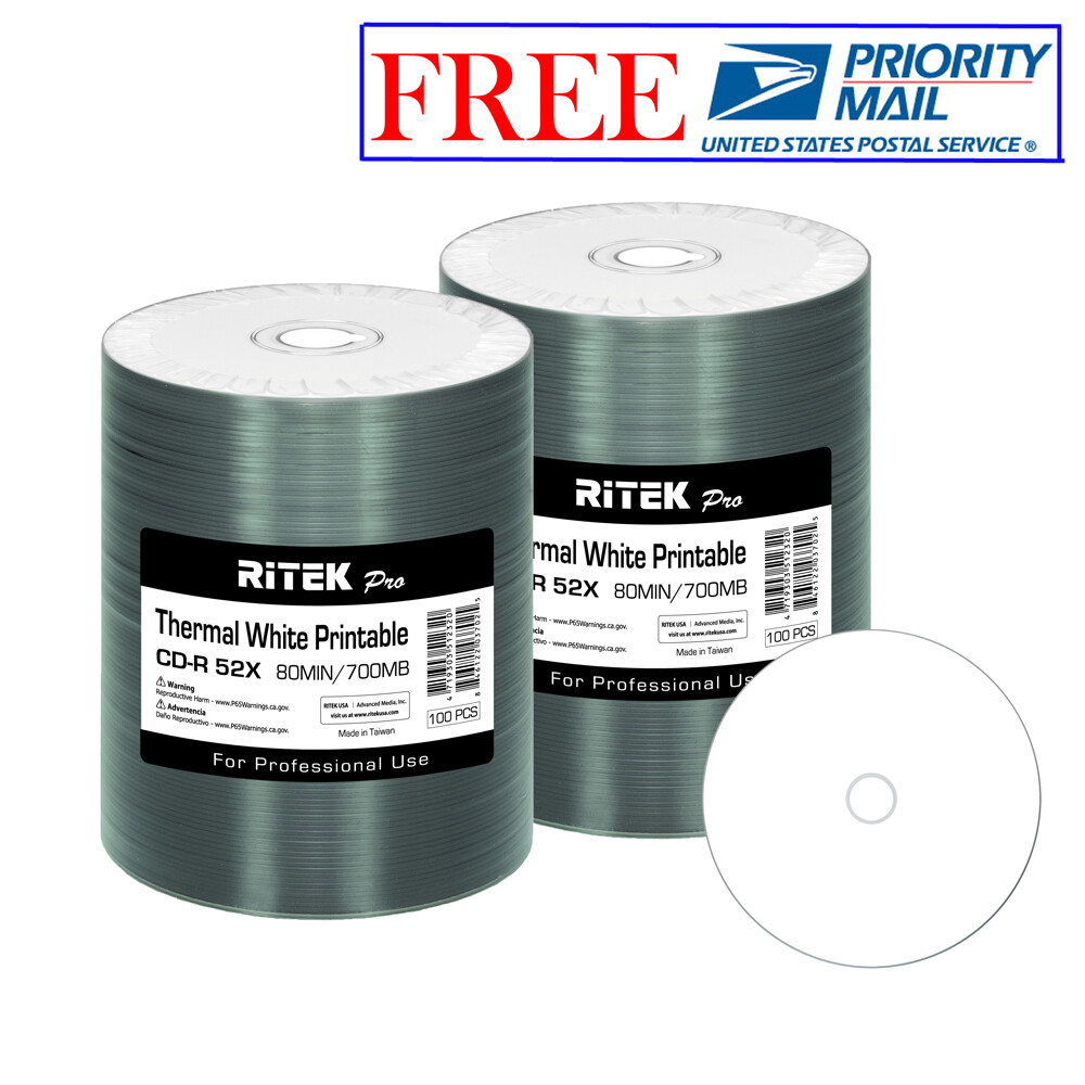 200 Pack Ritek Pro CD-R 52X 700MB White Thermal Hub Printable Blank Media Disc
