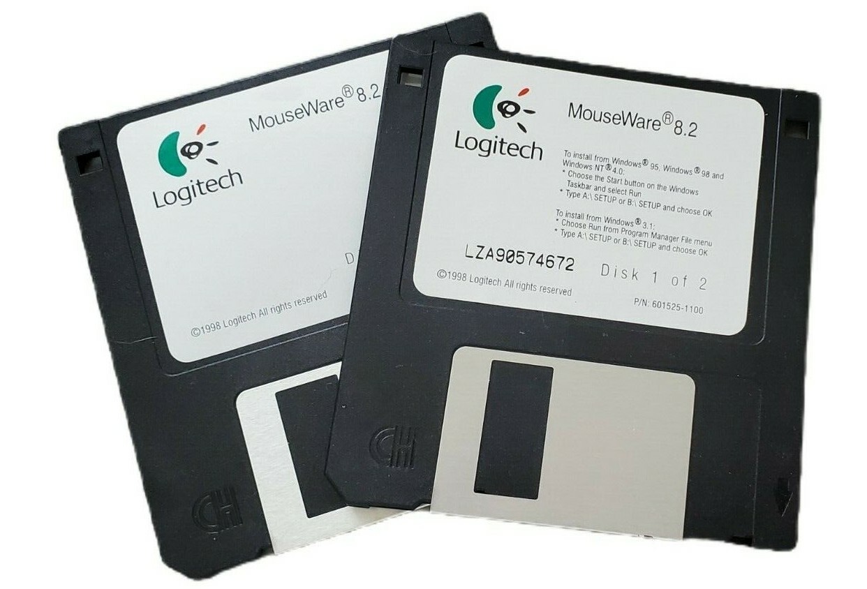 Vintage Set of 2 Floppy Disks Logitech MouseWare 8.2 From 1998