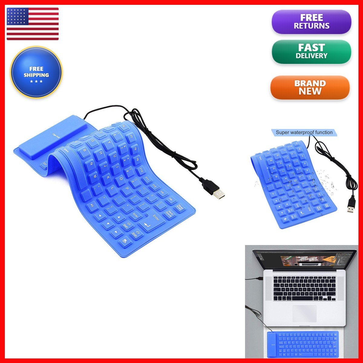 Sunffice Foldable Silicone Keyboard, USB Wired 85 Keys Waterproof Rollup Silent
