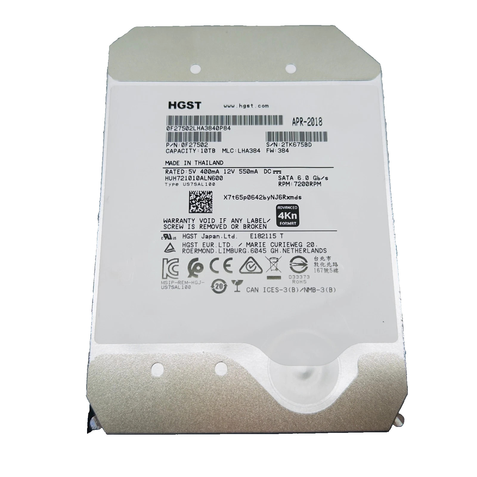 HGST 10TB 7.2K SATA 6Gbps 3.5" Helium 4Kn HDD HUH721010ALN600 0f27502