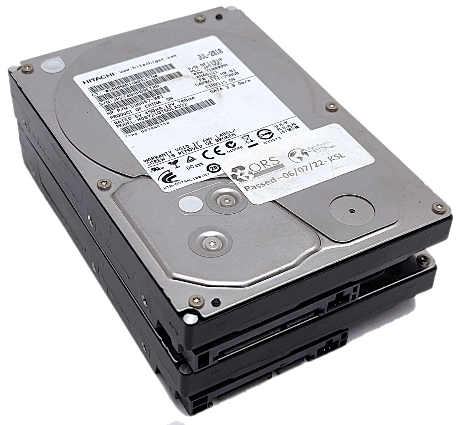 Lot of 2 Hitachi Deskstar 750GB SATA II 7200 RPM 3.5" Hard Drive HDS721075CLA332