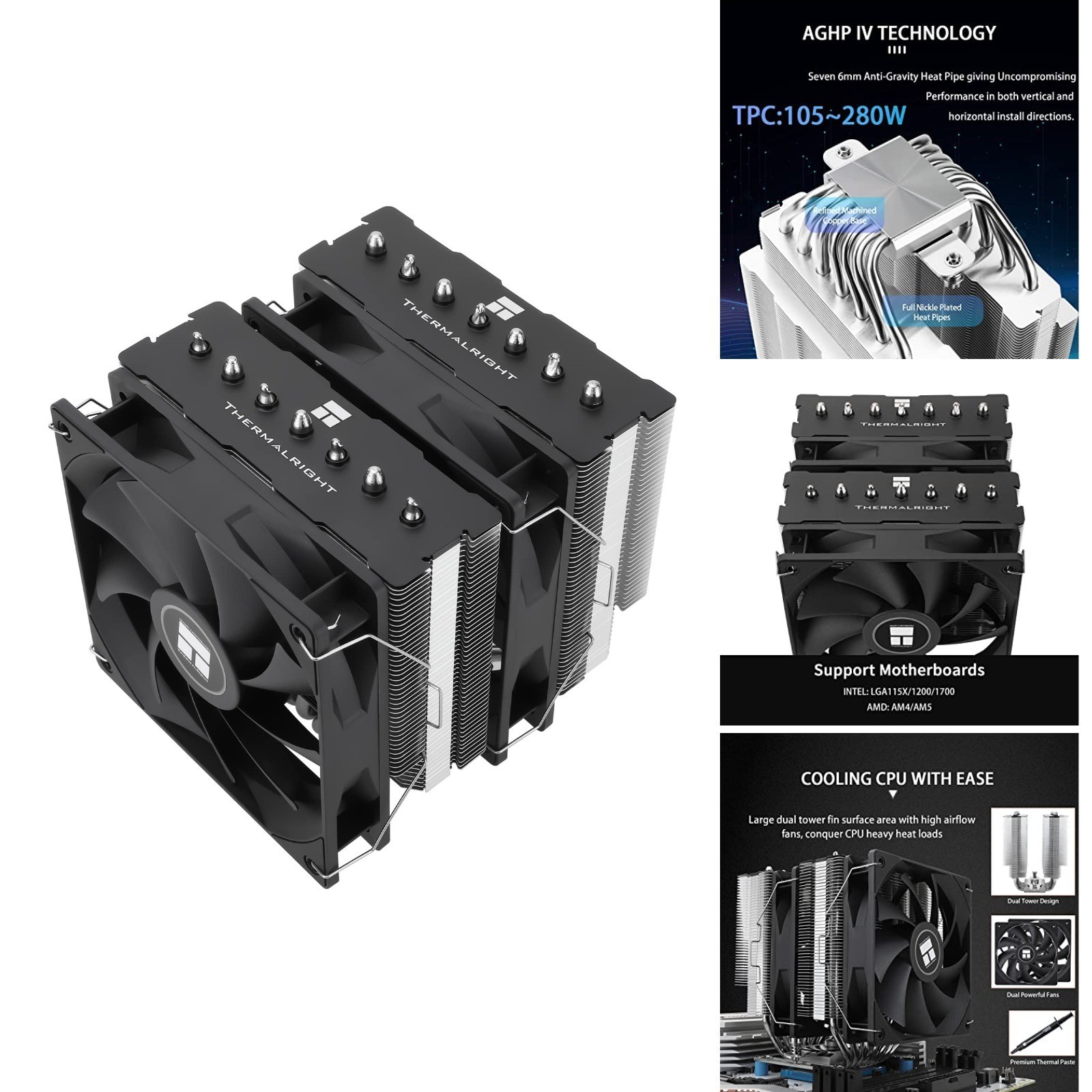 CPU Air Cooler 7 Heat Pipes Dual 120mm PWM Fans AM4 AM5 LGA1700 1851 154mm