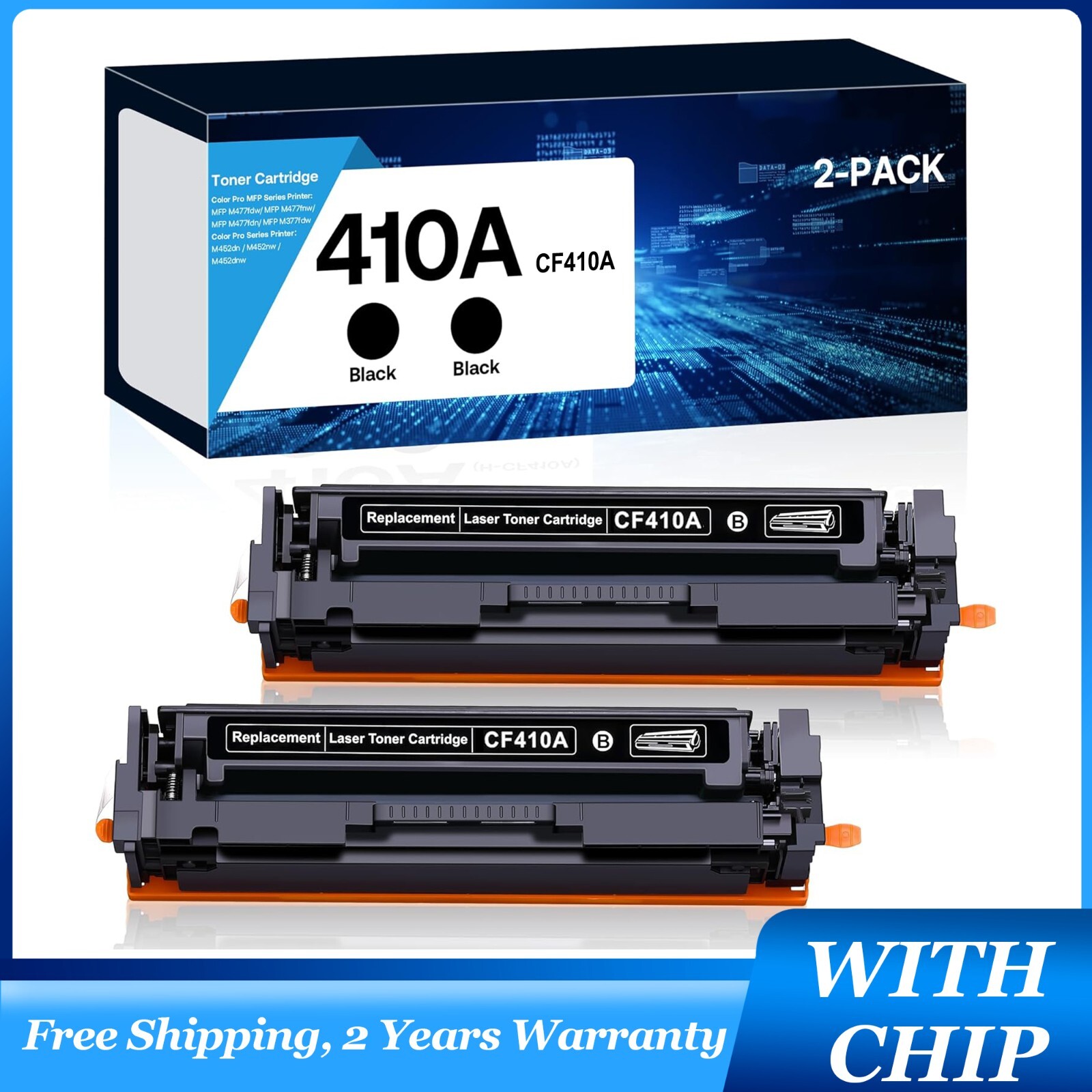 2-Pack CF410A Black Toner with Chip for HP 410A LaserJet Pro MFP M377dw M477fdw