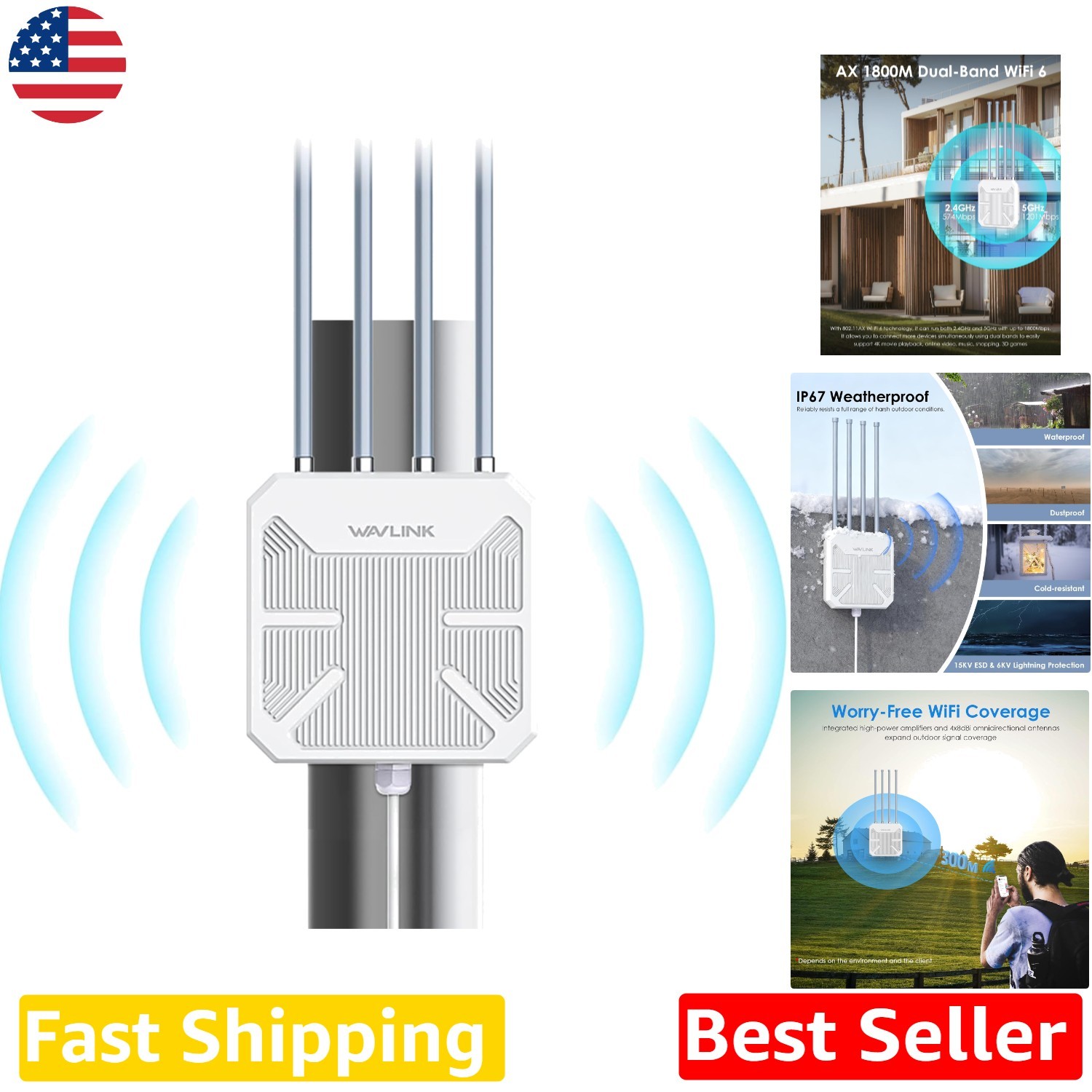High-Gain Outdoor WiFi 6 Extender, 4x8dBi,  Weatherproof, PoE, 300m Range
