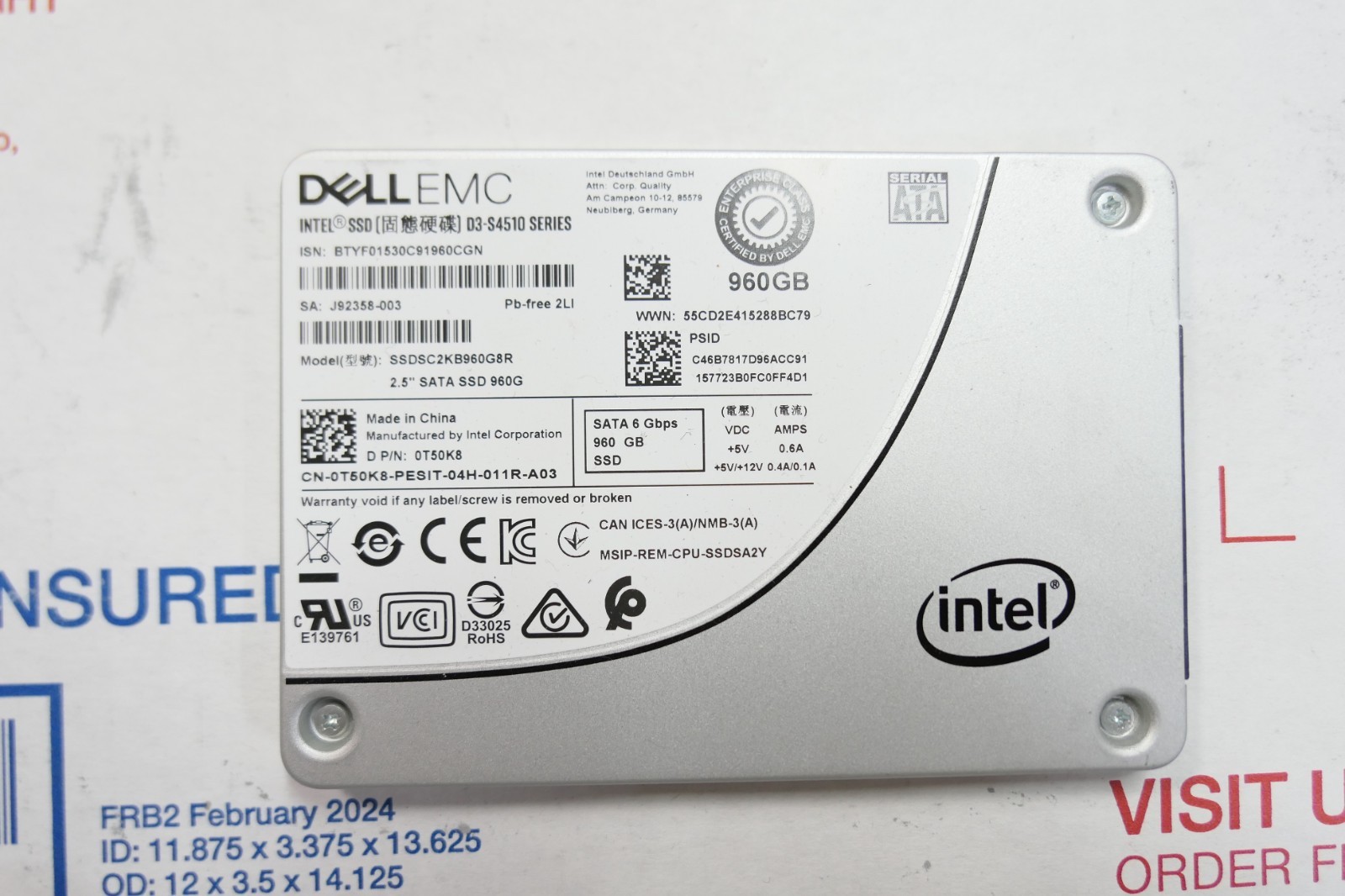 Dell EMC 0T50K8 Intel D3-S4510 960GB SATA 2.5" Enterprise SSD 100% HEALTH # 1