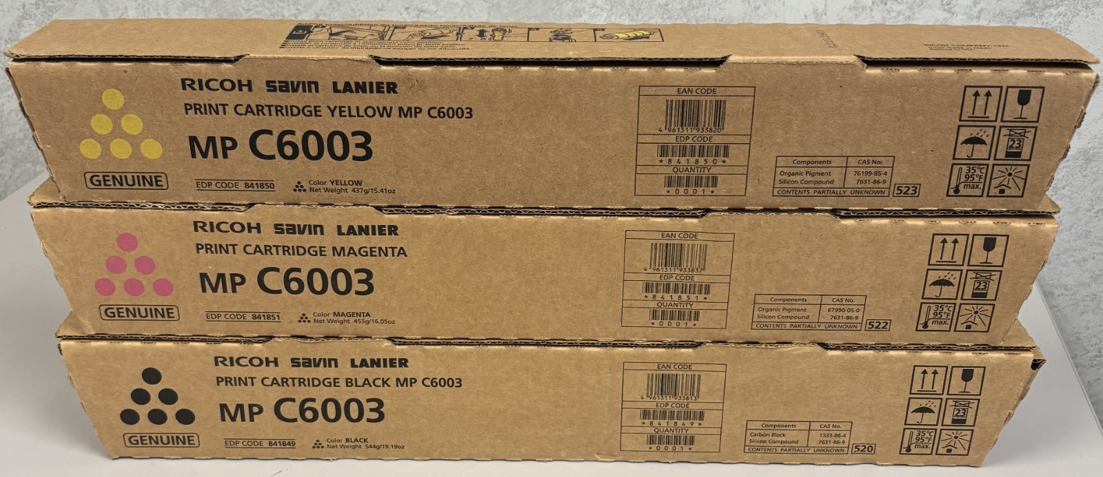 3 Ricoh Genuine MP C6003 Black Yellow Magenta Toner 841849 841850 841851 OEM