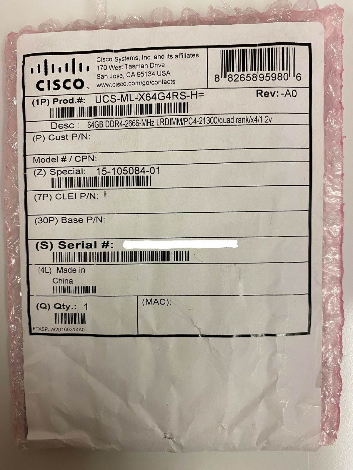 UCS-ML-X64G4RS-H (1x64GB) 64GB Memory Original For Cisco UCS B200 M5 Server NEW