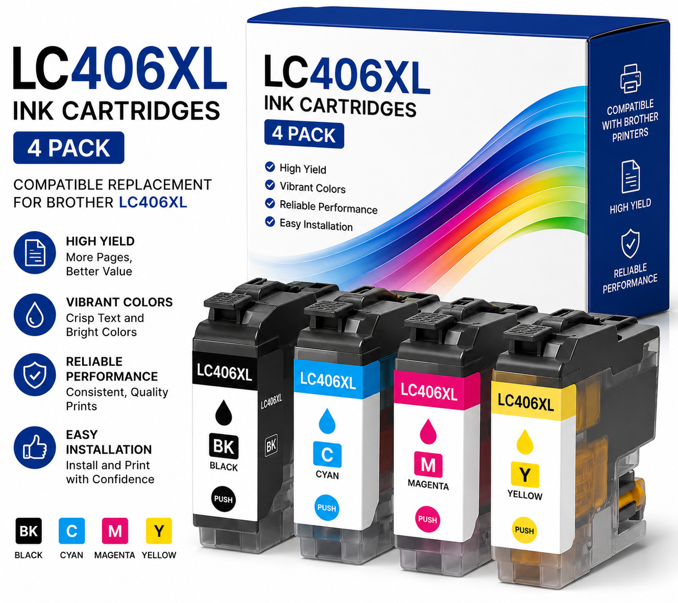 LC406XL Ink Cartridges Compatible Replacement for Brother LC406 XL – 4 Pack BK/C