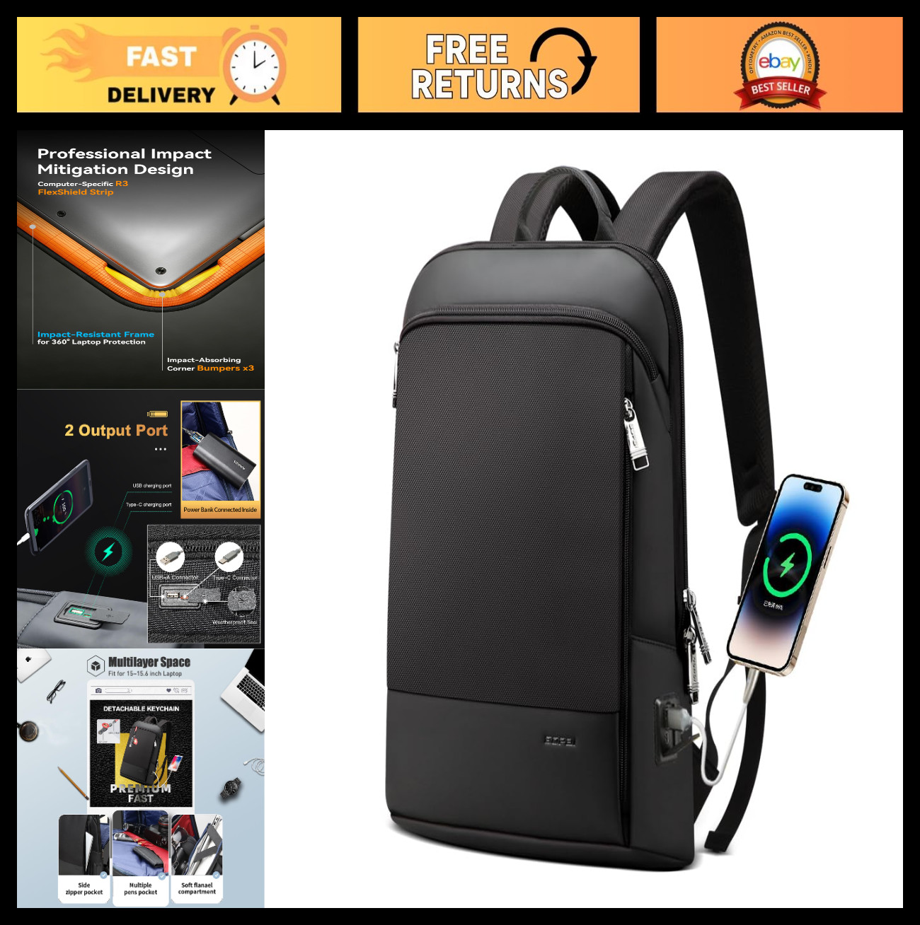 Slim Laptop Backpack for Men, Anti-Theft USB Charging, 15-15.6" Notebook Bag, Li