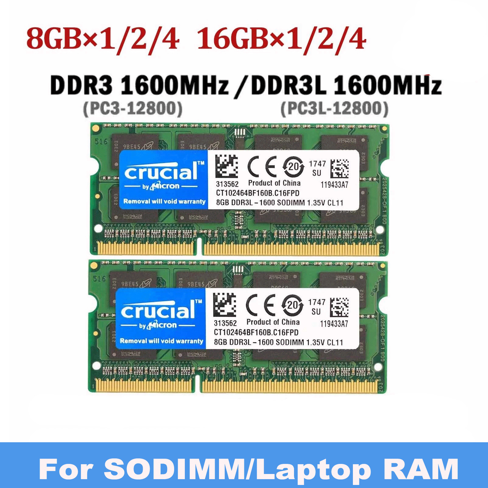 SODIMM Memory RAM Crucial DDR3/DDR3L/DDR4 16GB 1600MHz 32GB PC3/PC3L/PC4 Lot