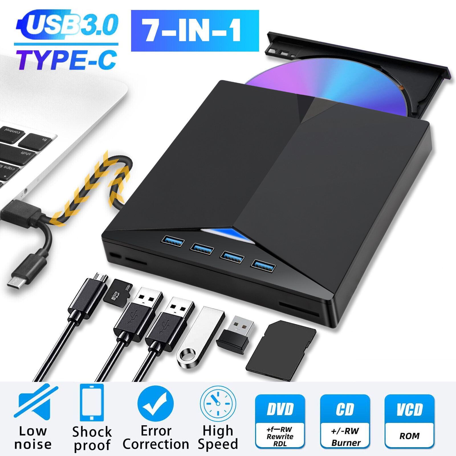 USB 3.0 External CD DVD Writer Drive Burner Reader Player for Windows US