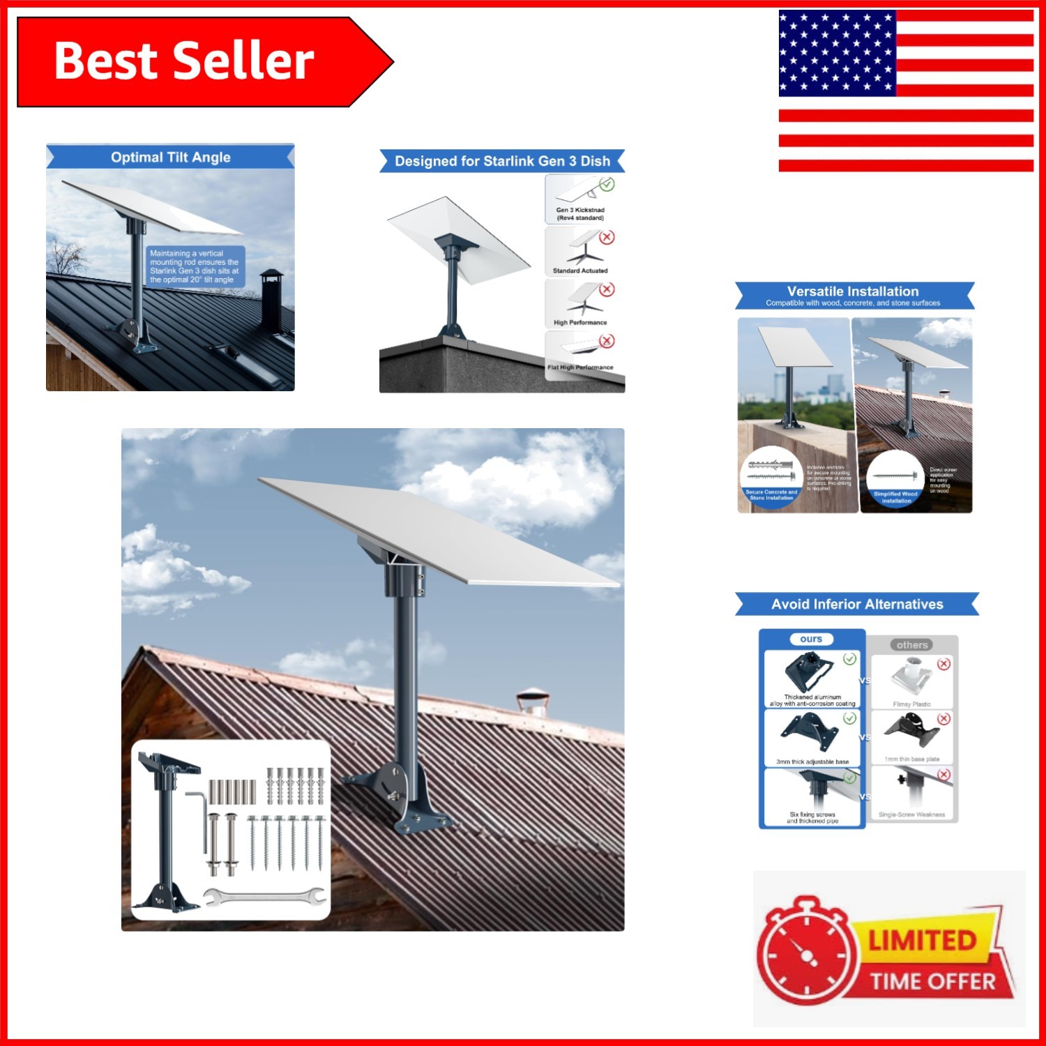 Starlink Roof Mount Kit with Adjustable Base and Heavy-Duty Steel Construction