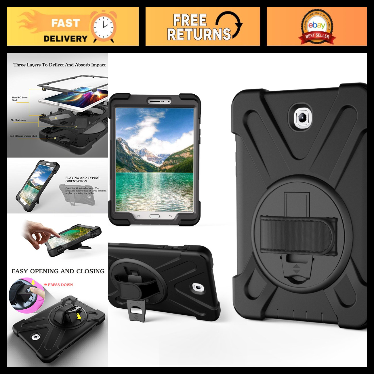 Rugged Shock-Proof Case for 8" Galaxy Tab S2 - 360° Rotatable Handle & Strap, Bl