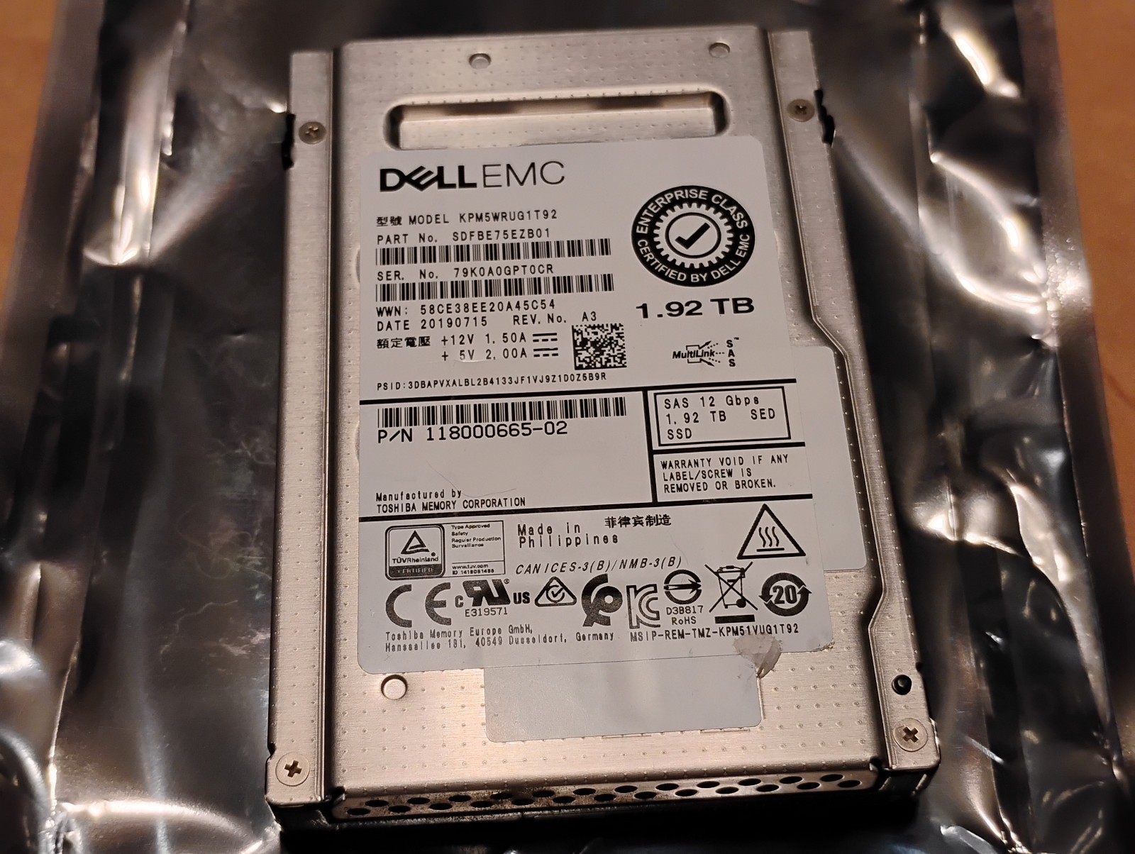 Dell 1.92TB 12G SAS RI 2.5" SSD Kioxia PM5-R KPM5XRUG1T92 0TDNP7 TDNP7