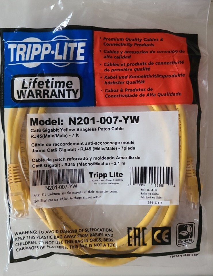 Tripp Lite 7FT RJ45 Male Cat6 Gigabit Snagless Molded Patch Cable - Yellow