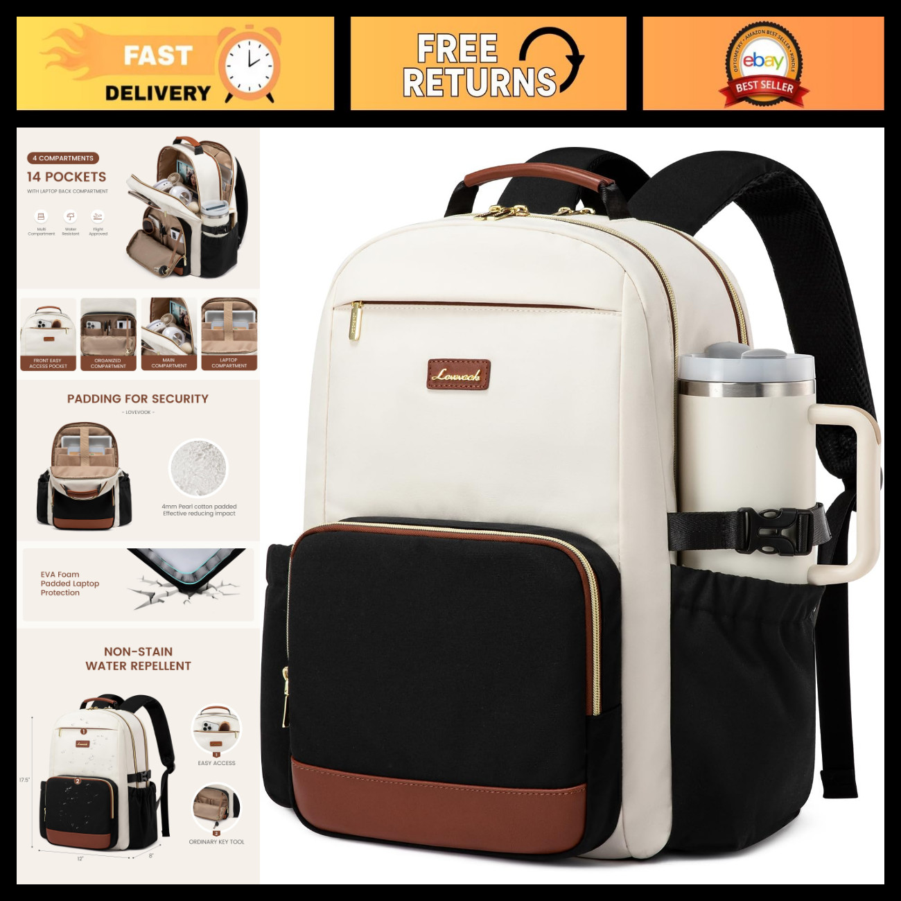 Stylish Waterproof Laptop Backpack for Women, 15.6" Large Capacity Travel Bag, P