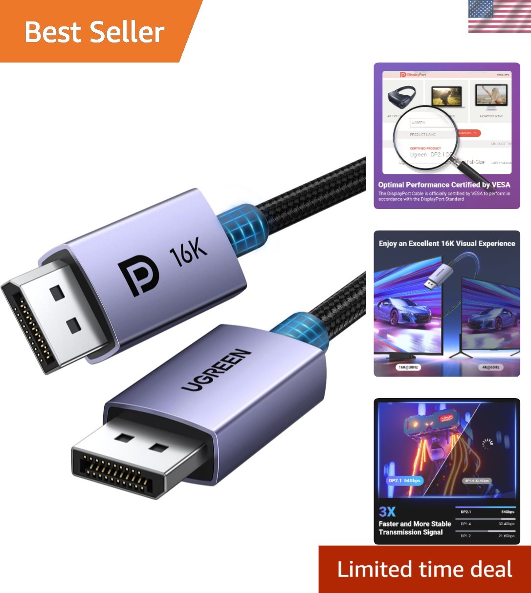 VESA Certified 16K DisplayPort Cable 6.6FT - Unmatched 54Gbps Transmission Speed
