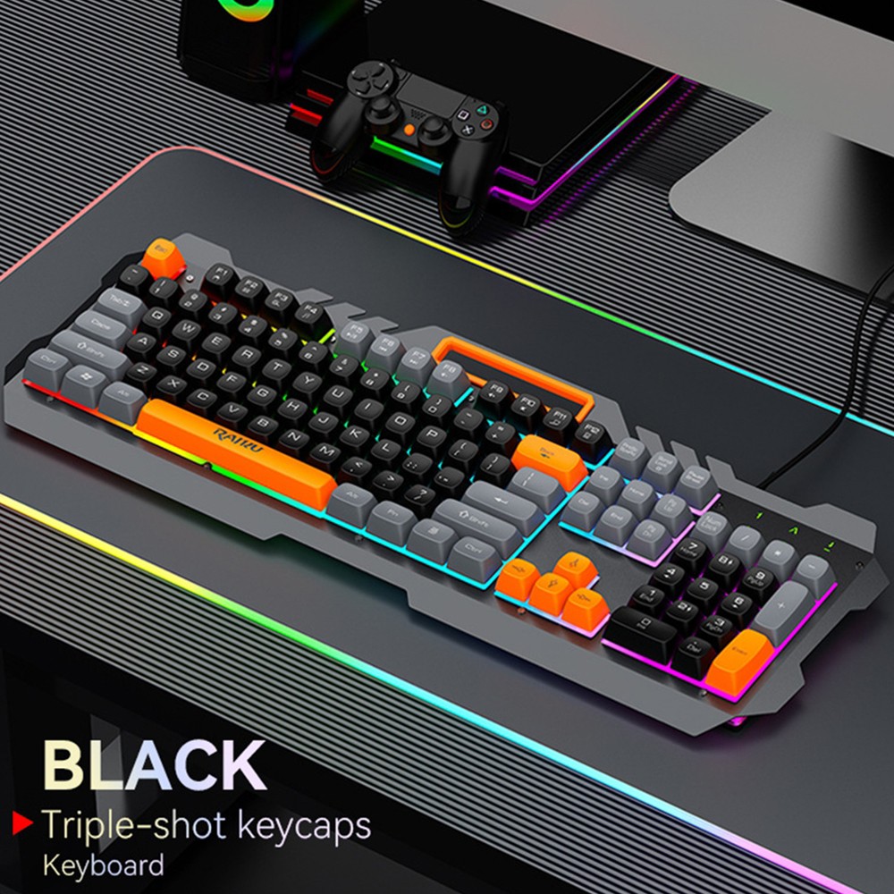 Wired Gaming Keyboard, Rainbow LED Backlit Keyboard with Phone Stand Metal Panel