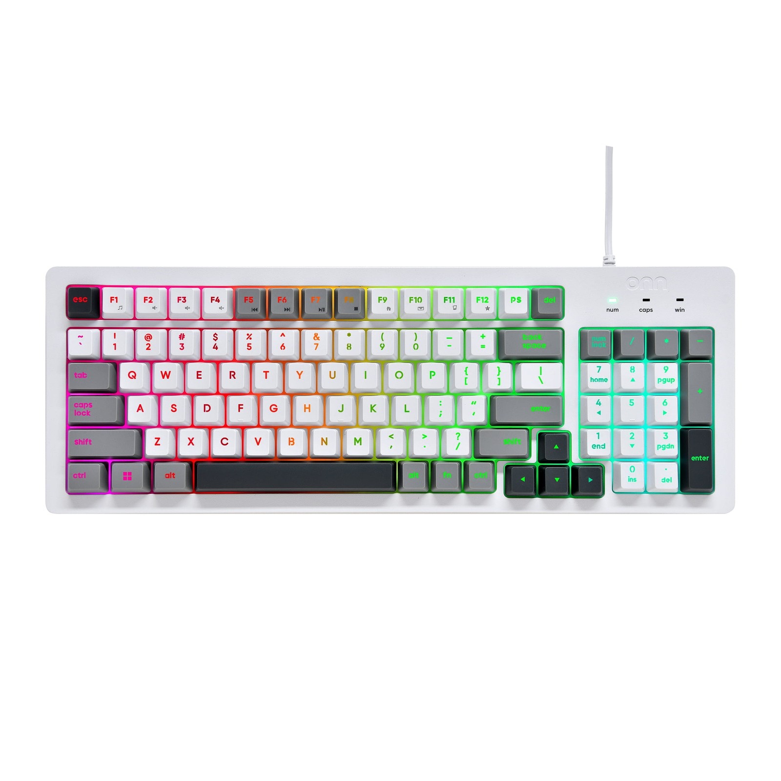onn Wired RGB Backlit Keyboard, Arctic White, USB Connection