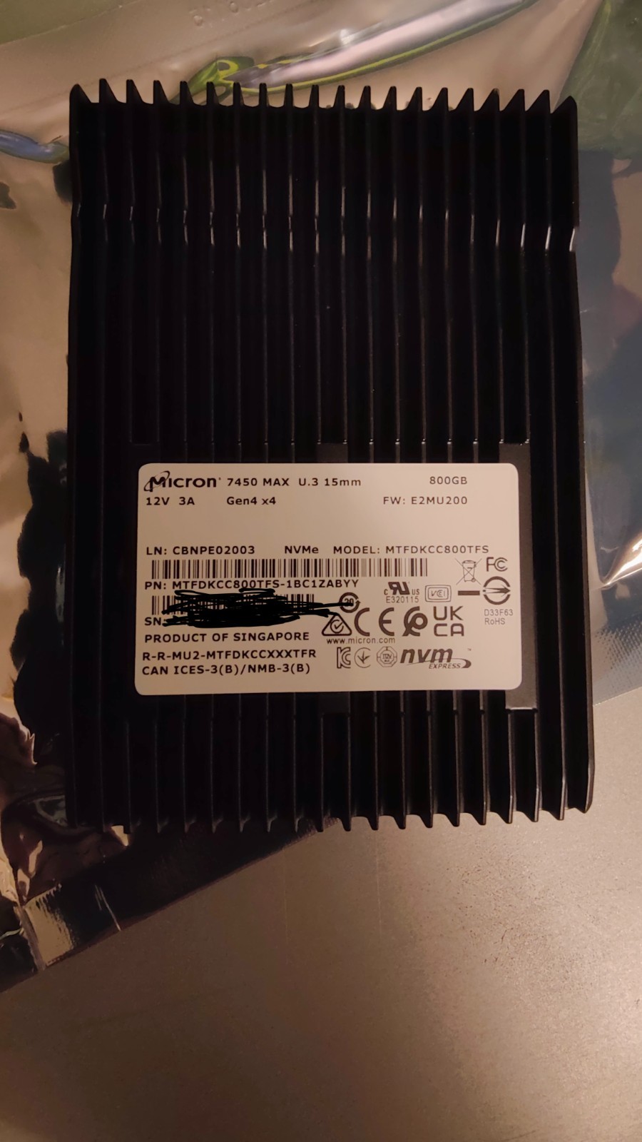 Micron 7450 MAX U.3 800Gb 15mm NVMe drive PN: MTFDKCC800TFS-1BC1ZABYY
