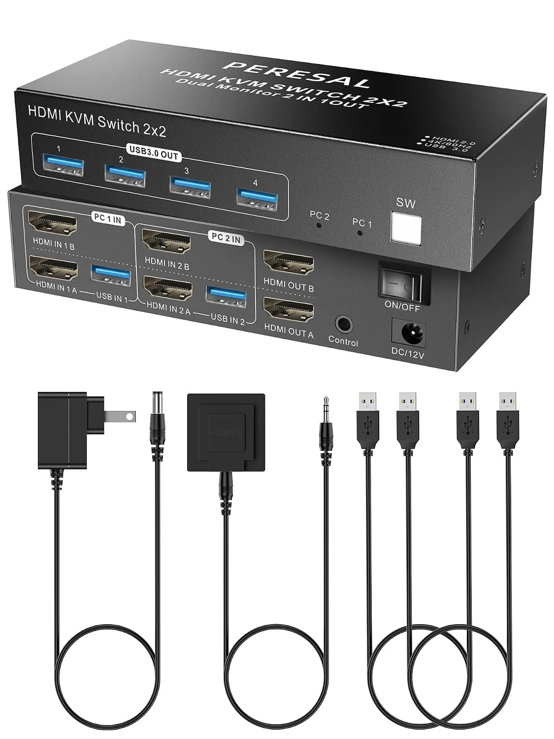 Dual Monitor HDMI KVM Switch 2 Computers 4K 60Hz 4 USB 3.0 Ports With Controller