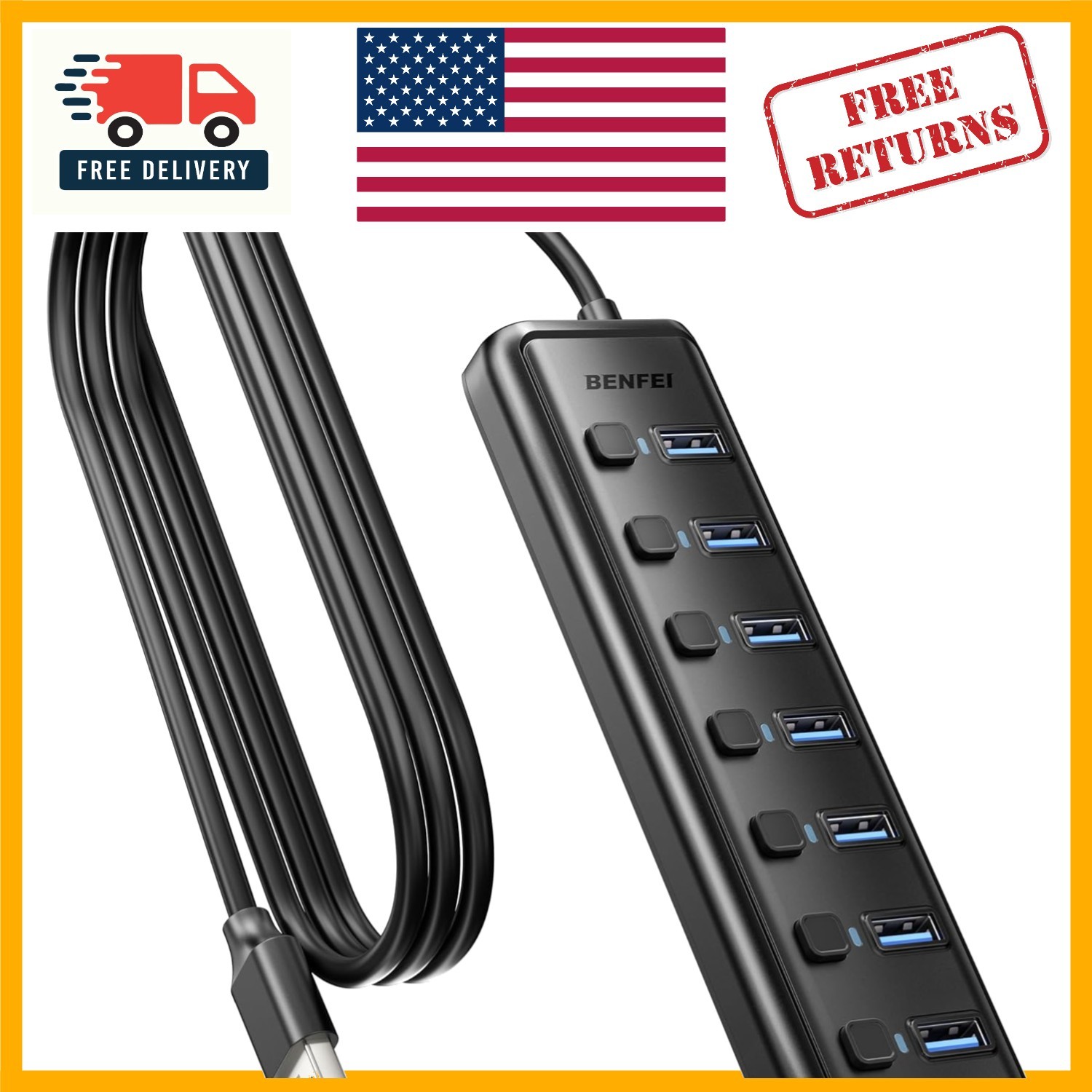 Versatile 7-Port USB 3.0 Splitter with Fast Data Transfer & Wide Compatibility