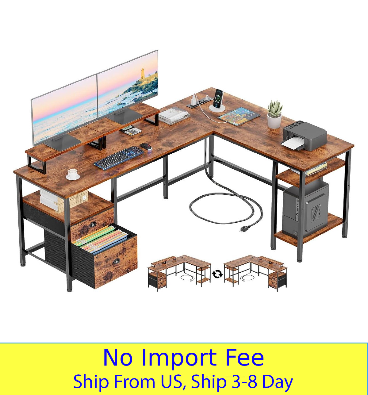 L Shaped Computer Desk with Power Outlet Reversible 2 Monitor Stands Drawer
