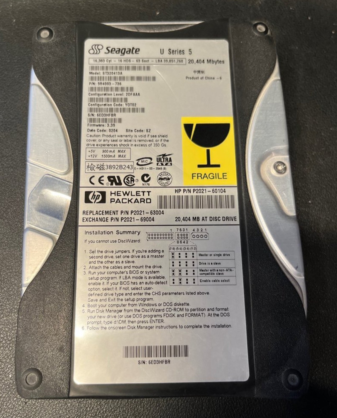 Seagate U Series, 5 ST320413A, 20.4GB, 3.5" IDE PATA Hard Drive, HDD HP