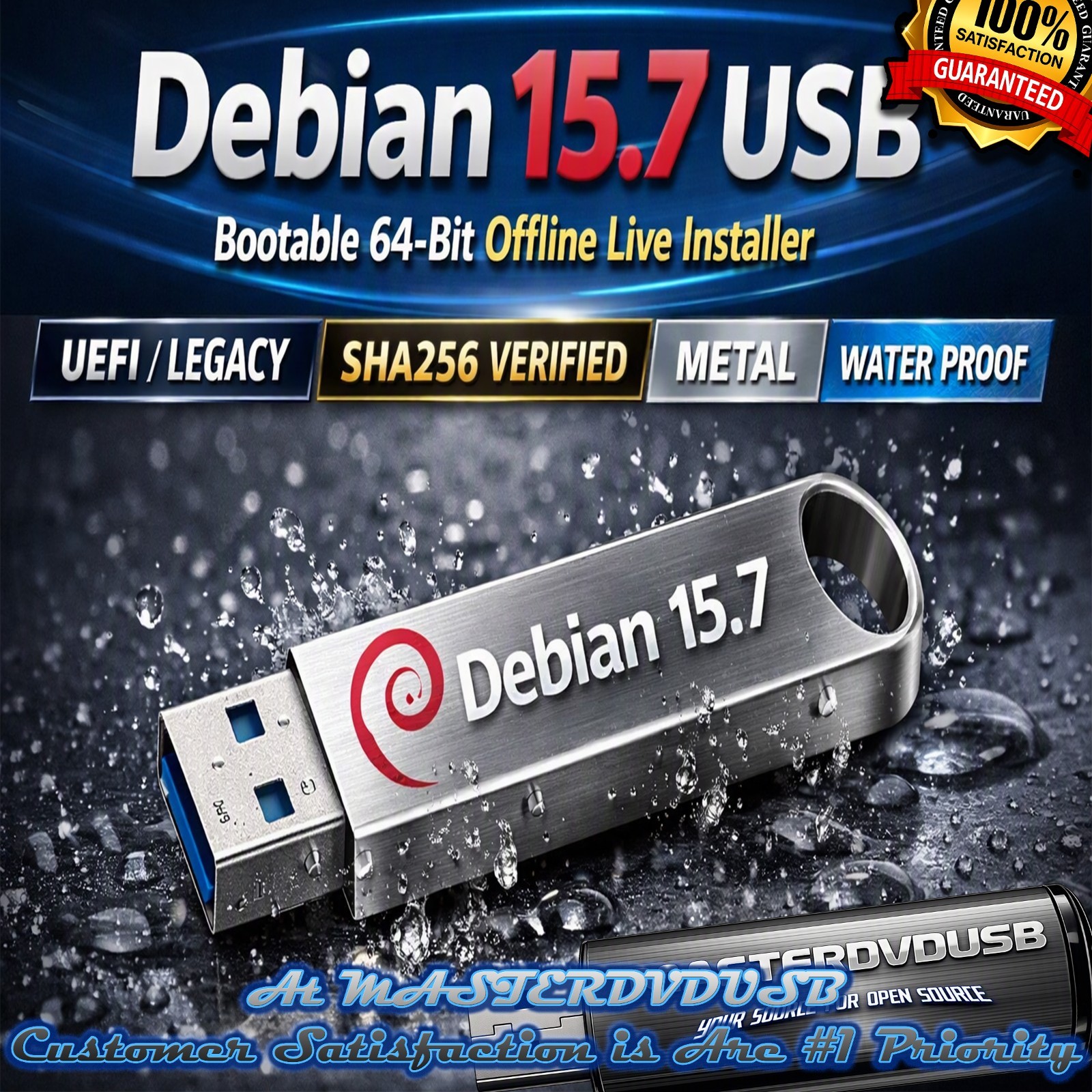 Debian 15.7 Bootable 64‑Bit USB Offline Live Installer – UEFI / LEGACY - METAL