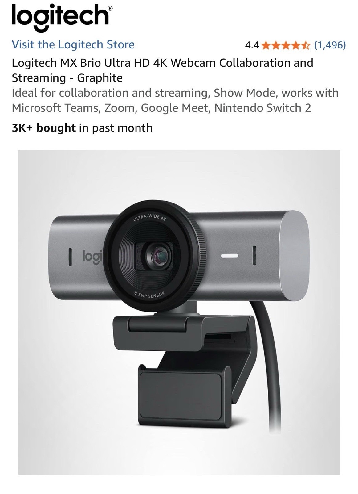 Logitech MX Brio Ultra HD 4K Webcam Collaboration and Streaming - Graphite