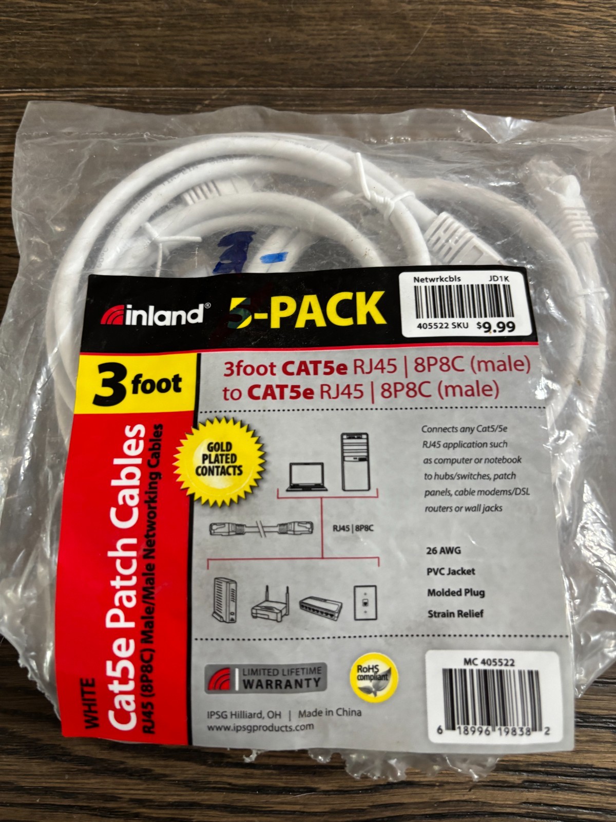 Inland Cat5e Patch Cables – 3-Foot – White – 3-Pack