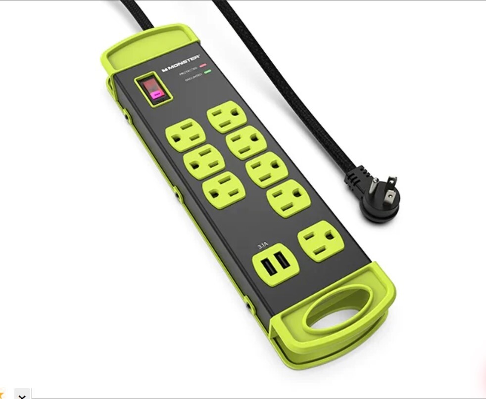 Monster Power Heavy Duty Power Strip Surge Protector, 8 AC, 2 USB-A, 15ft Black