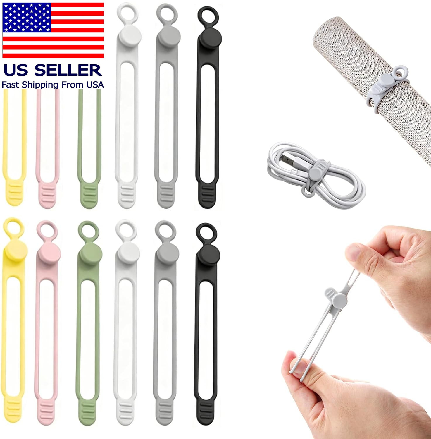 Silicone Cable Organizers, 12-Pack Reusable Elastic Cord Straps & Wire Ties for