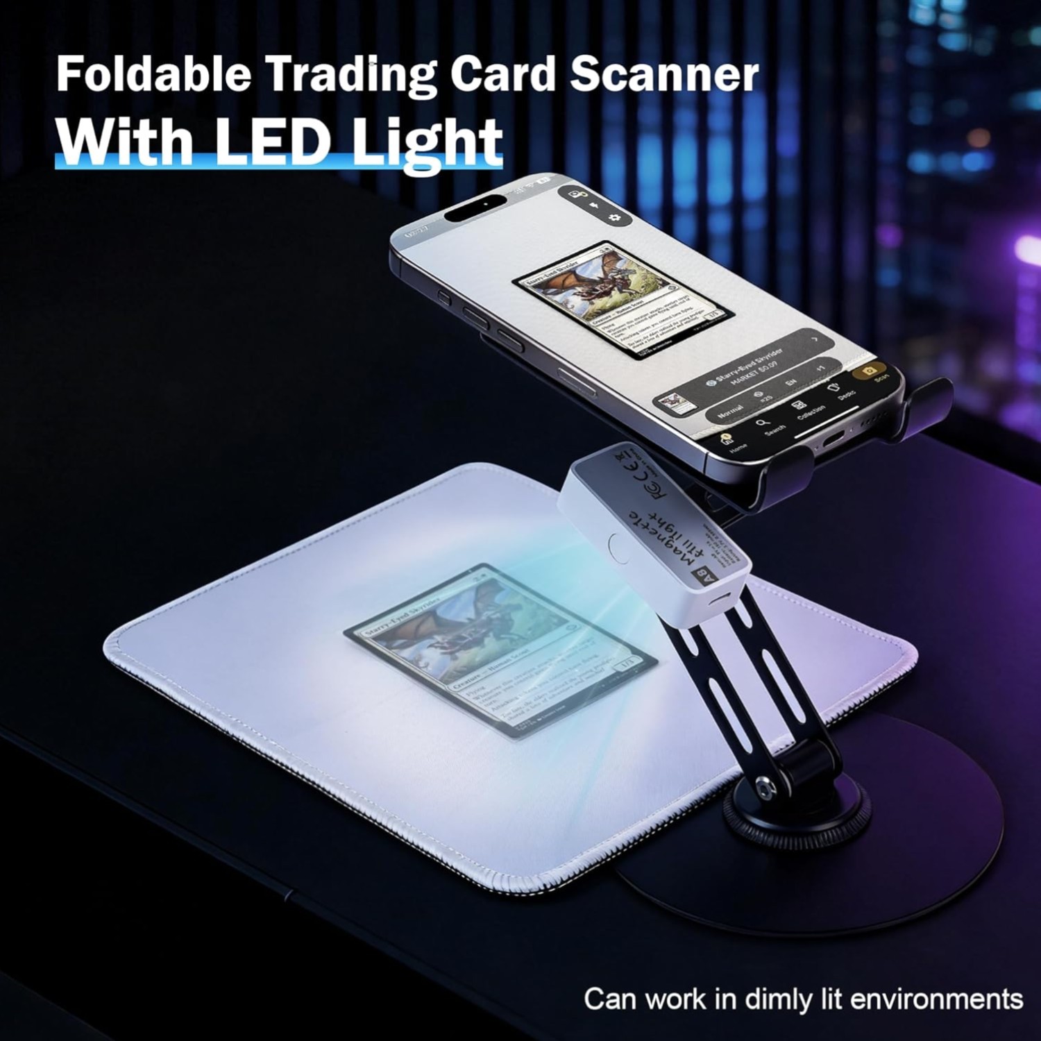 Versatile Trading Card Scanner Stand – 2-in-1 Holder with Adjustable LED Light