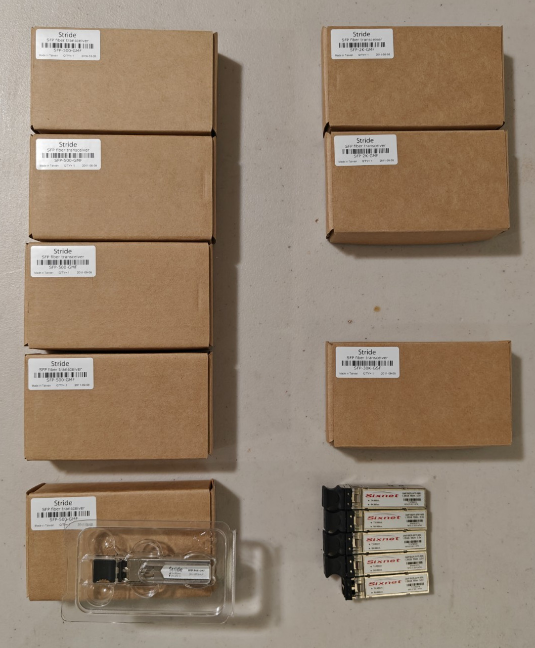 Collection of 13 duplex multimode fiber SFP transceivers, 1.25Gb