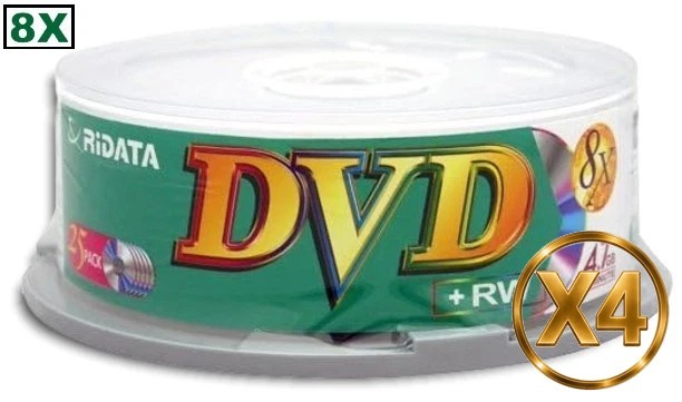 100-Pak Ritek/RIDATA 8X Logo-top DVD+RW Media in Cakebox (4 x 25-Pak)