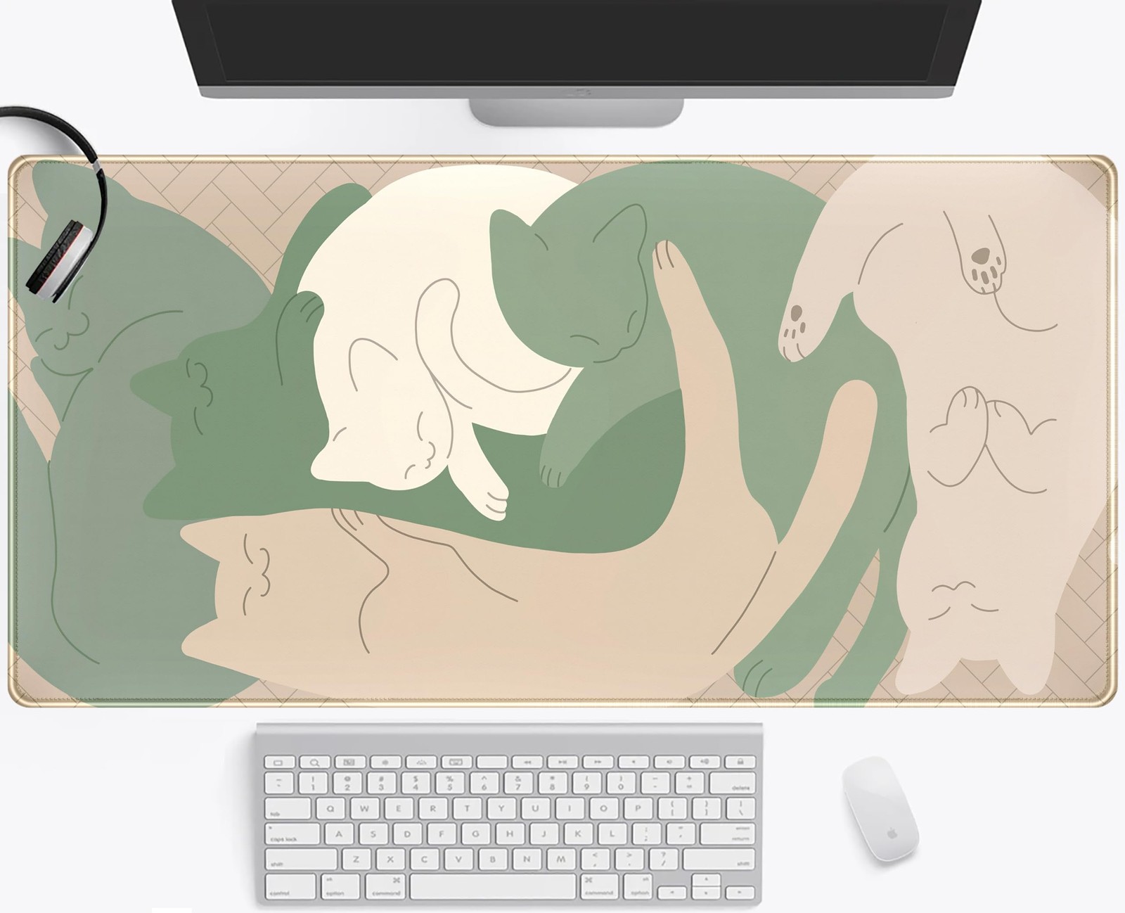 Cute Sleeping Cats Desk Mat Matcha Green Desk Pad, Minimalist Boho Mouse Pad ...