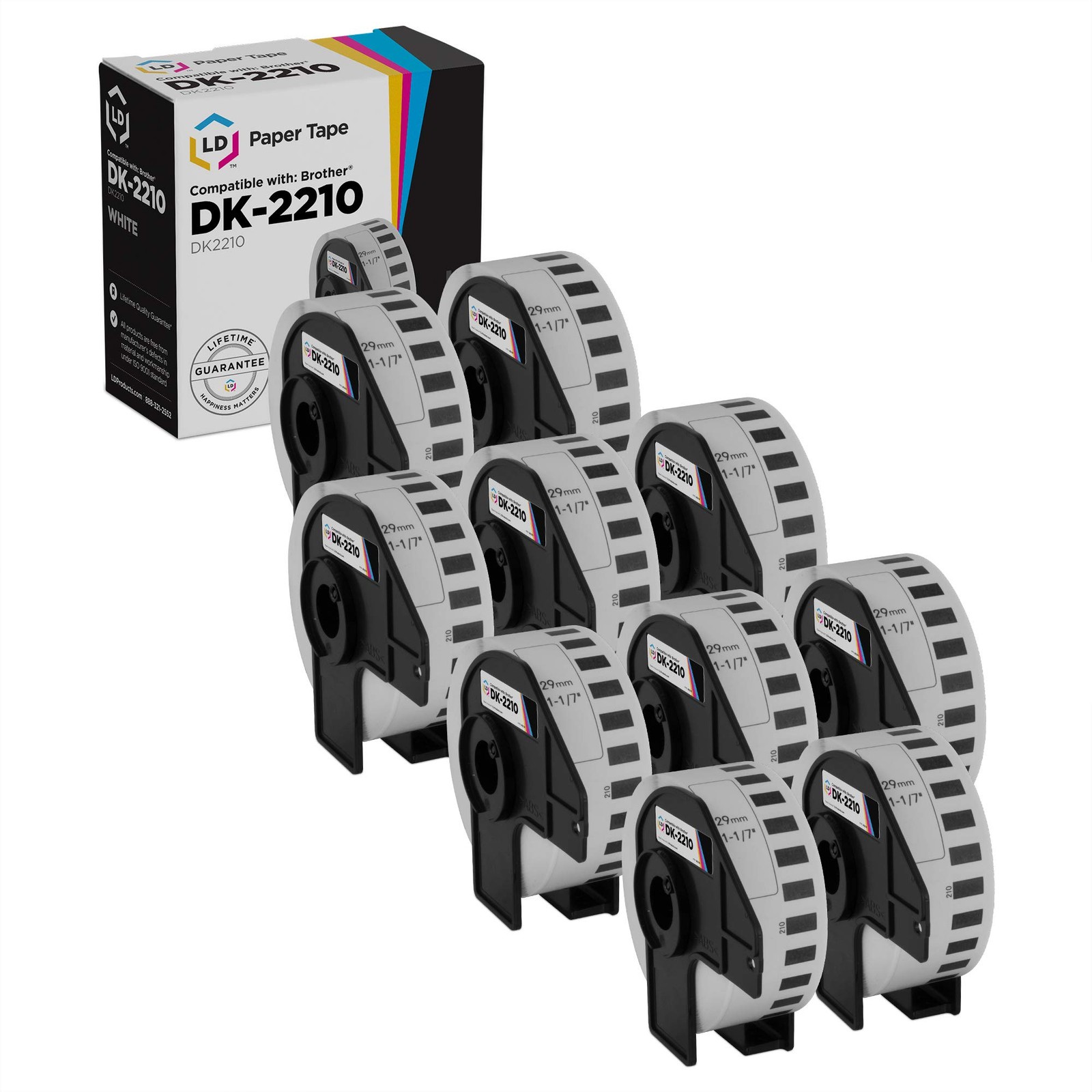 Compatible White Paper Tape Roll for Brother DK-2210 1.1 in x 100 ft (10-Pk)